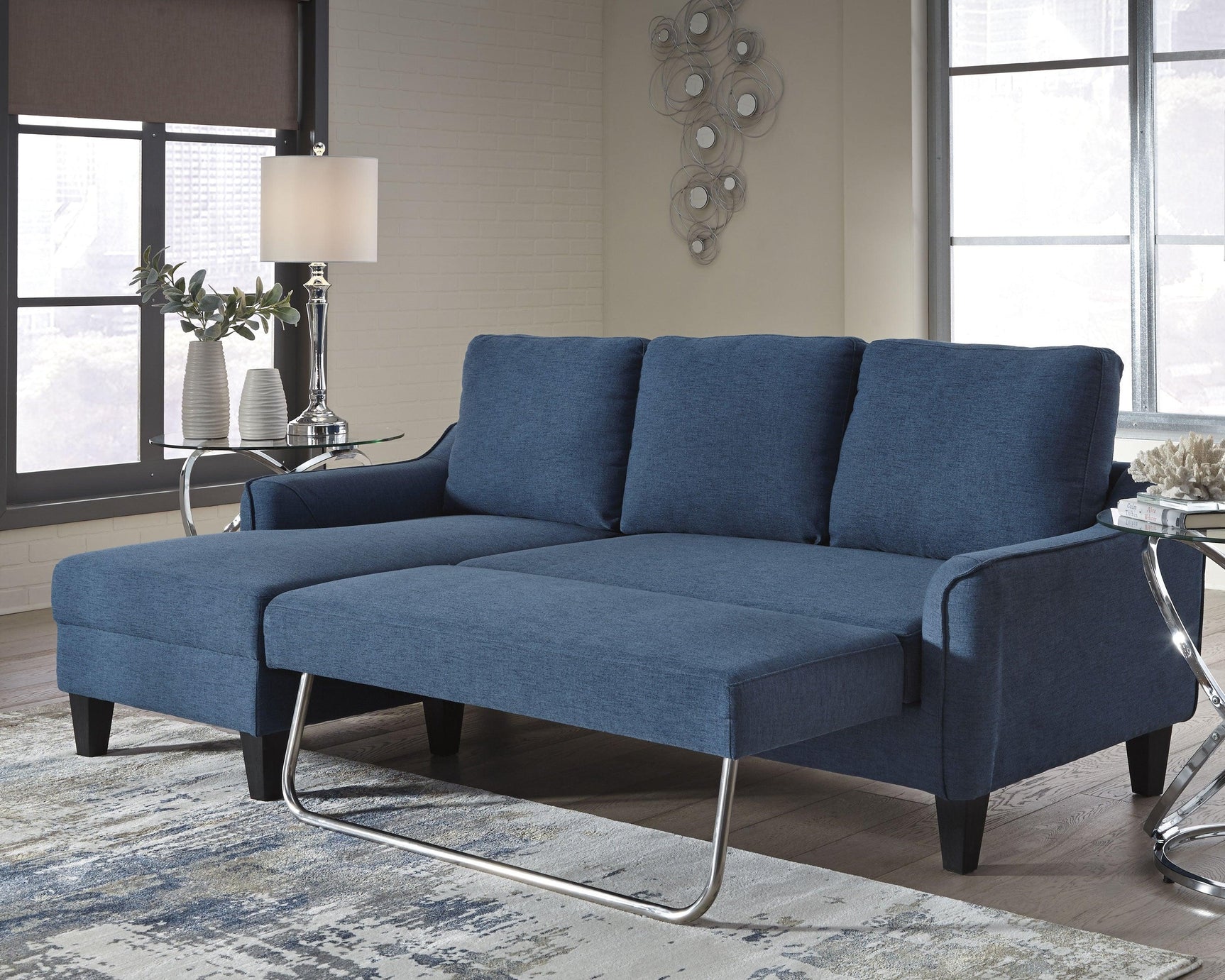 Jarreau Blue Microfiber Sofa Chaise Sleeper - Ella Furniture