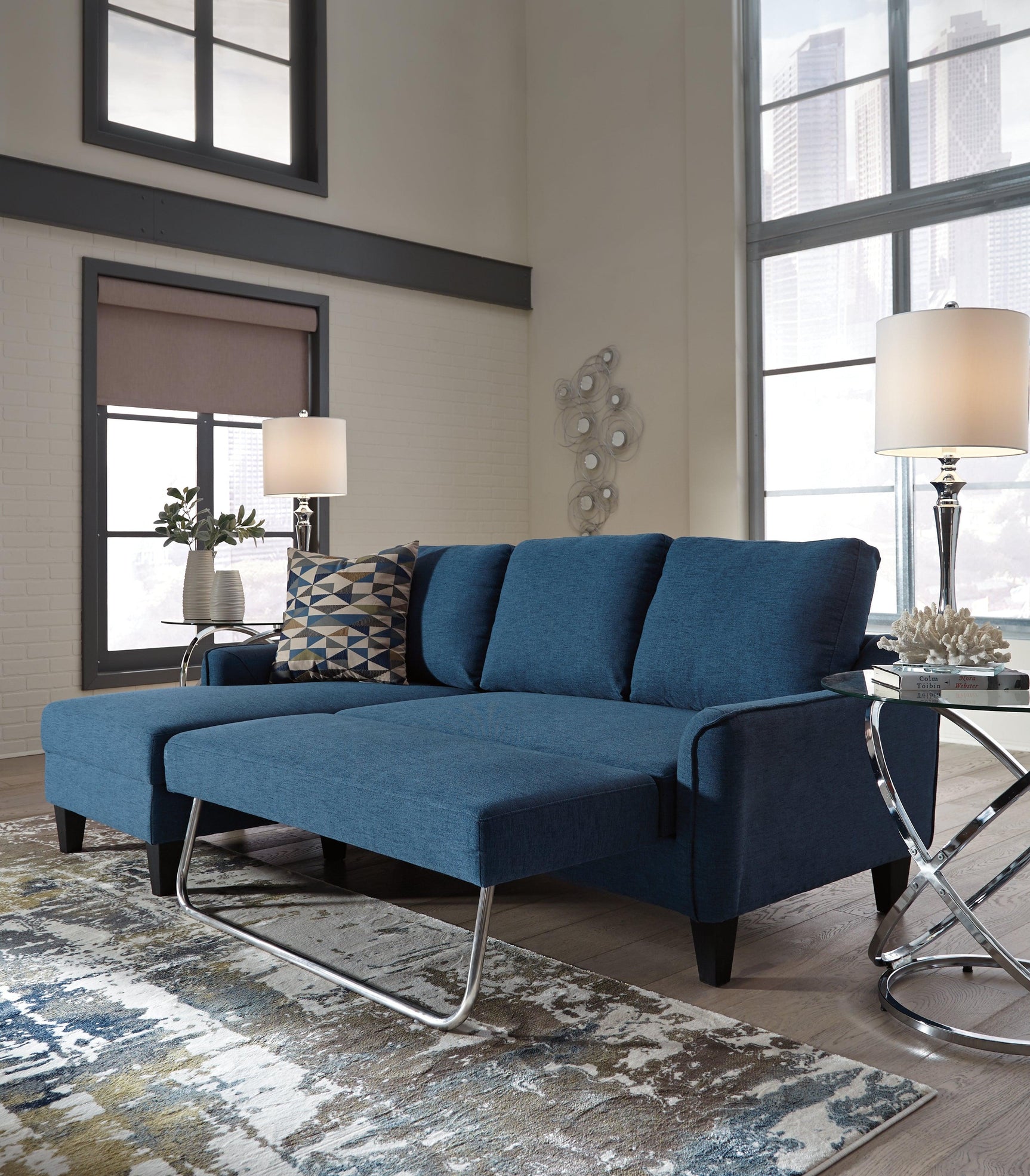 Jarreau Blue Microfiber Sofa Chaise Sleeper - Ella Furniture