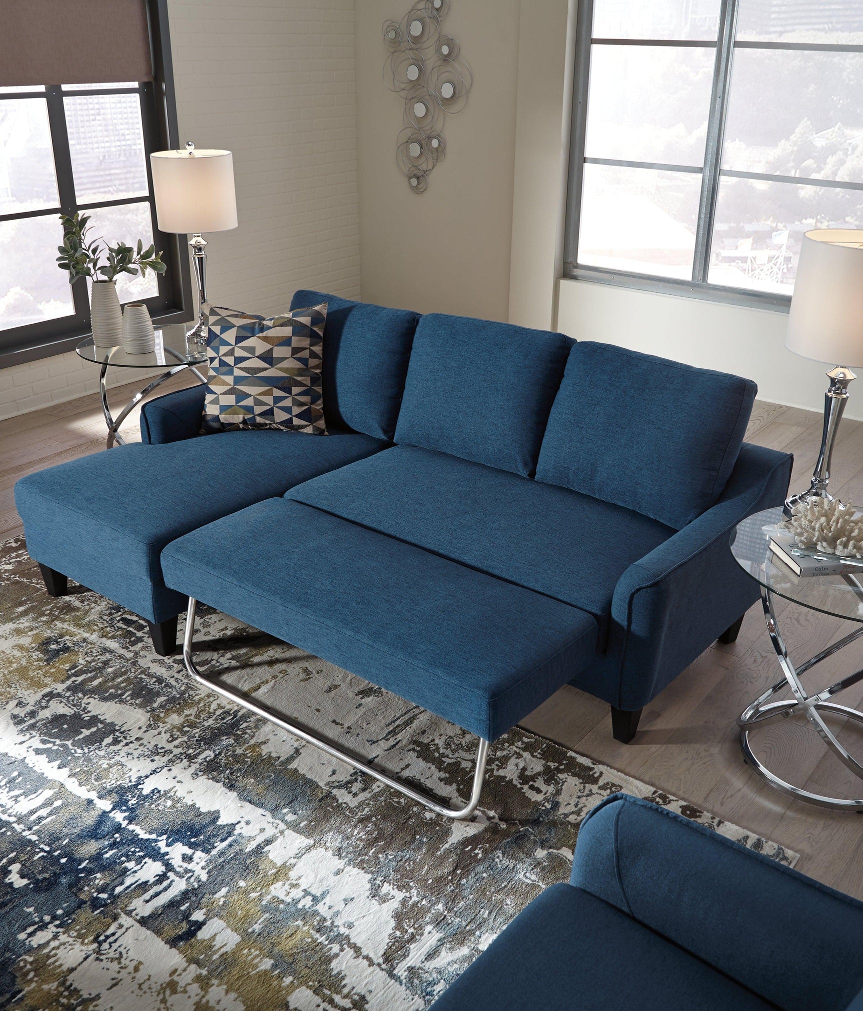 Jarreau Blue Microfiber Sofa Chaise Sleeper - Ella Furniture