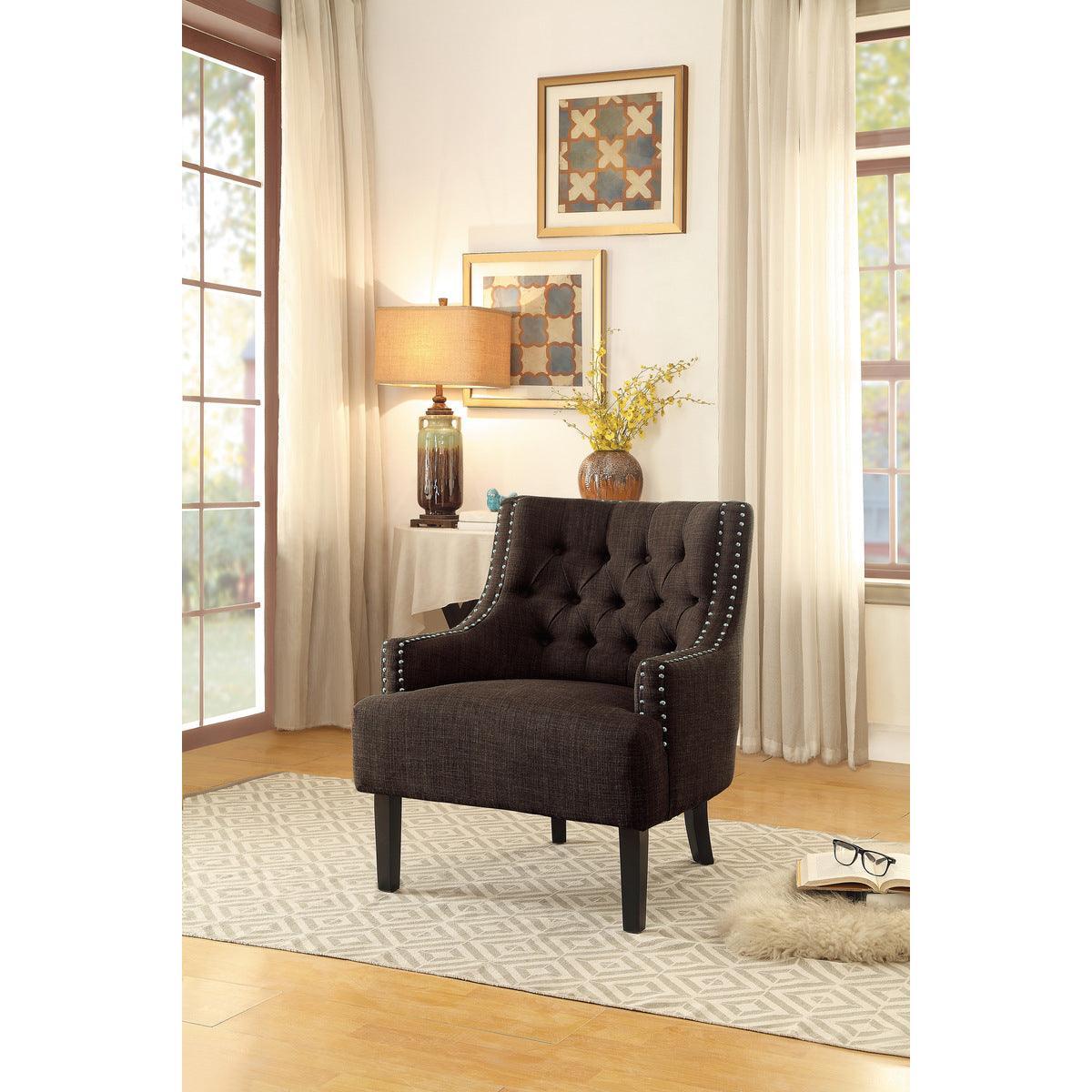 Charisma Chocolate Traditional Solid Wood, Plywood Textured Fabric Upholstered Tufted Accent Chair - Ella Furniture