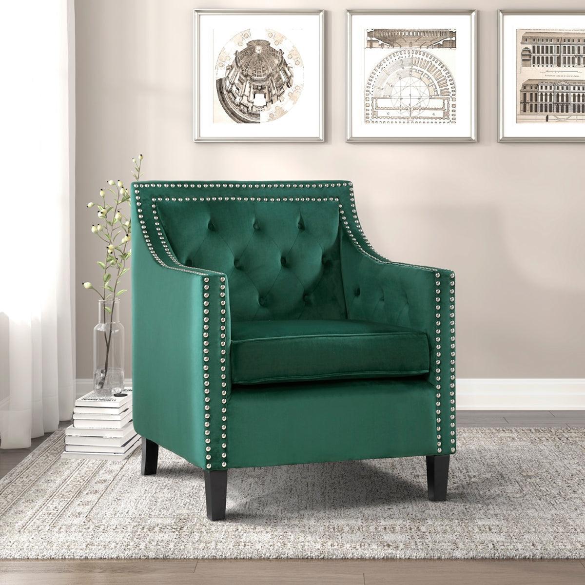 Grazioso Forest Green Solid Wood And Plywood Velvet Fabric Upholstery=ed Tufted Accent Chair - Ella Furniture