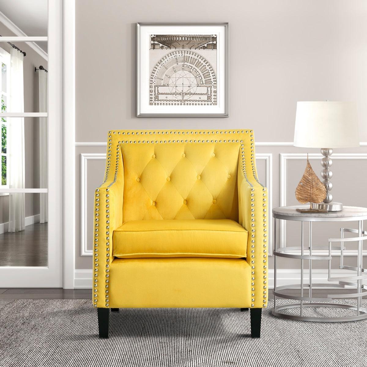 Grazioso Yellow Solid Wood And Plywood Velvet Fabric Upholstered Tufted Accent Chair - Ella Furniture