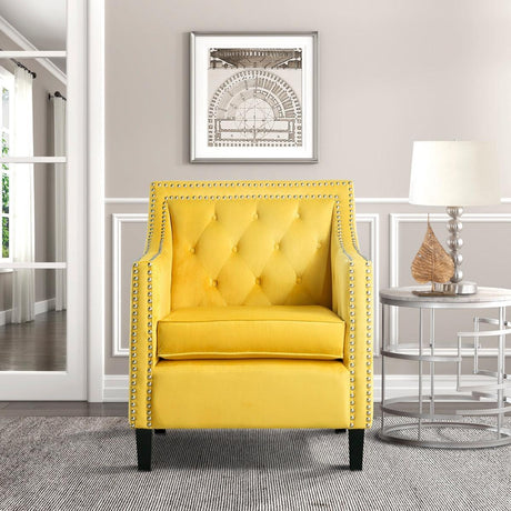 Grazioso Yellow Solid Wood And Plywood Velvet Fabric Upholstered Tufted Accent Chair - Ella Furniture