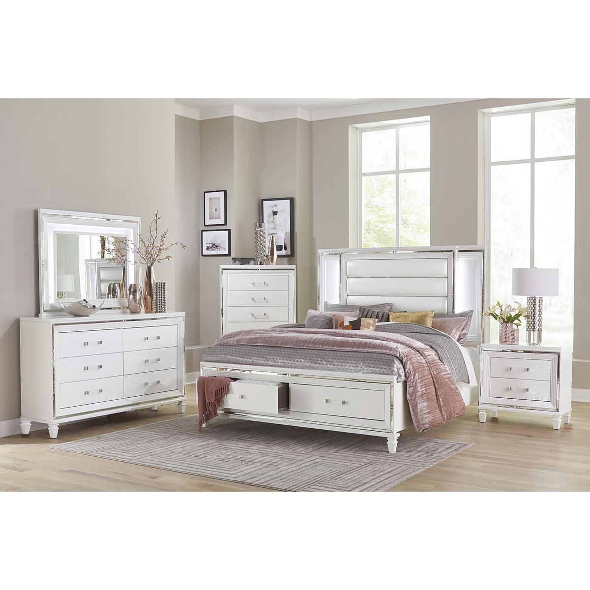 Tamsin White Solid Wood Faux Leather Upholstered Queen Platform Bed With Footboard Storage, LED Lighting - Ella Furniture