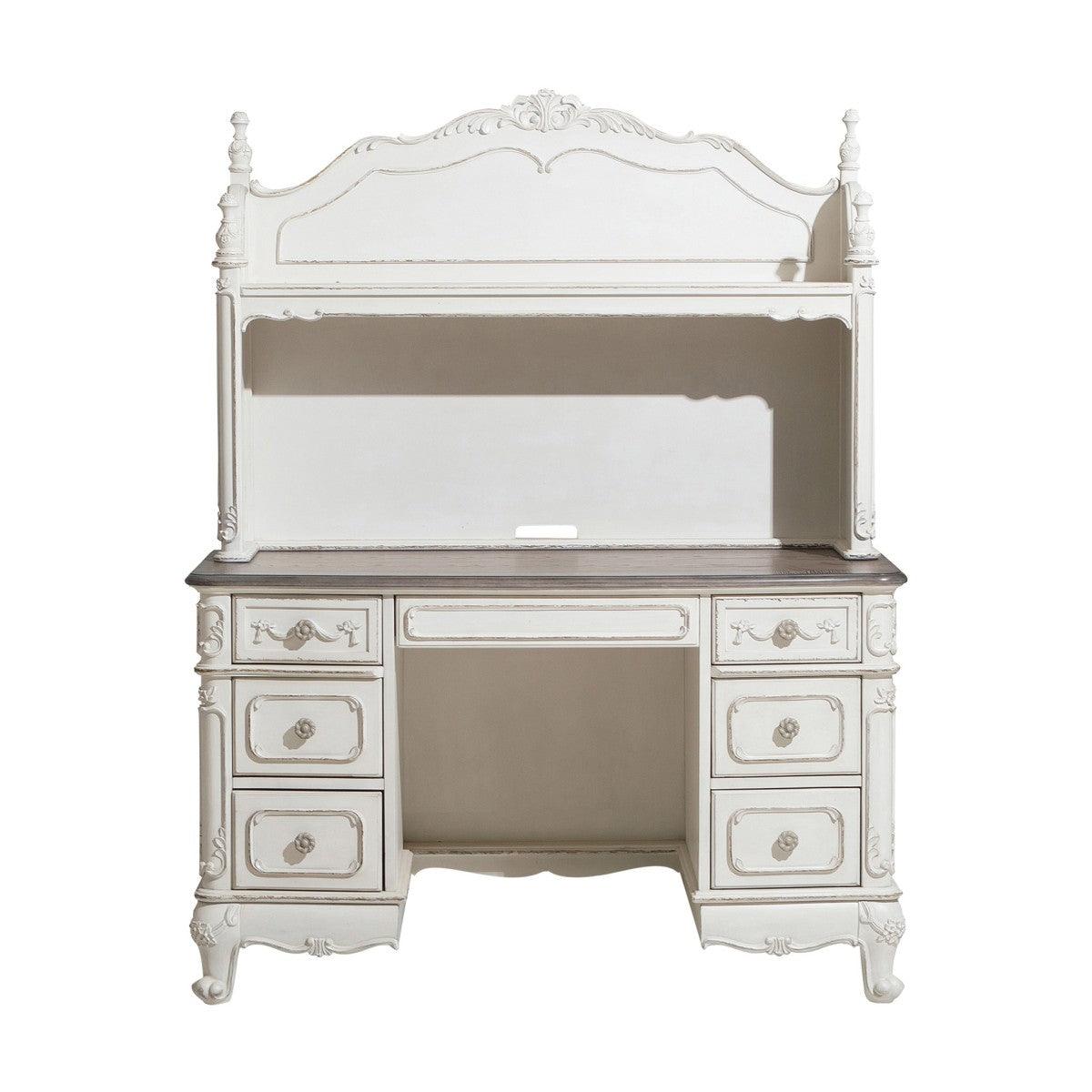 Cinderella Antique White With Gray Rub-through Engineered Wood Writing Desk With Hutch - Ella Furniture