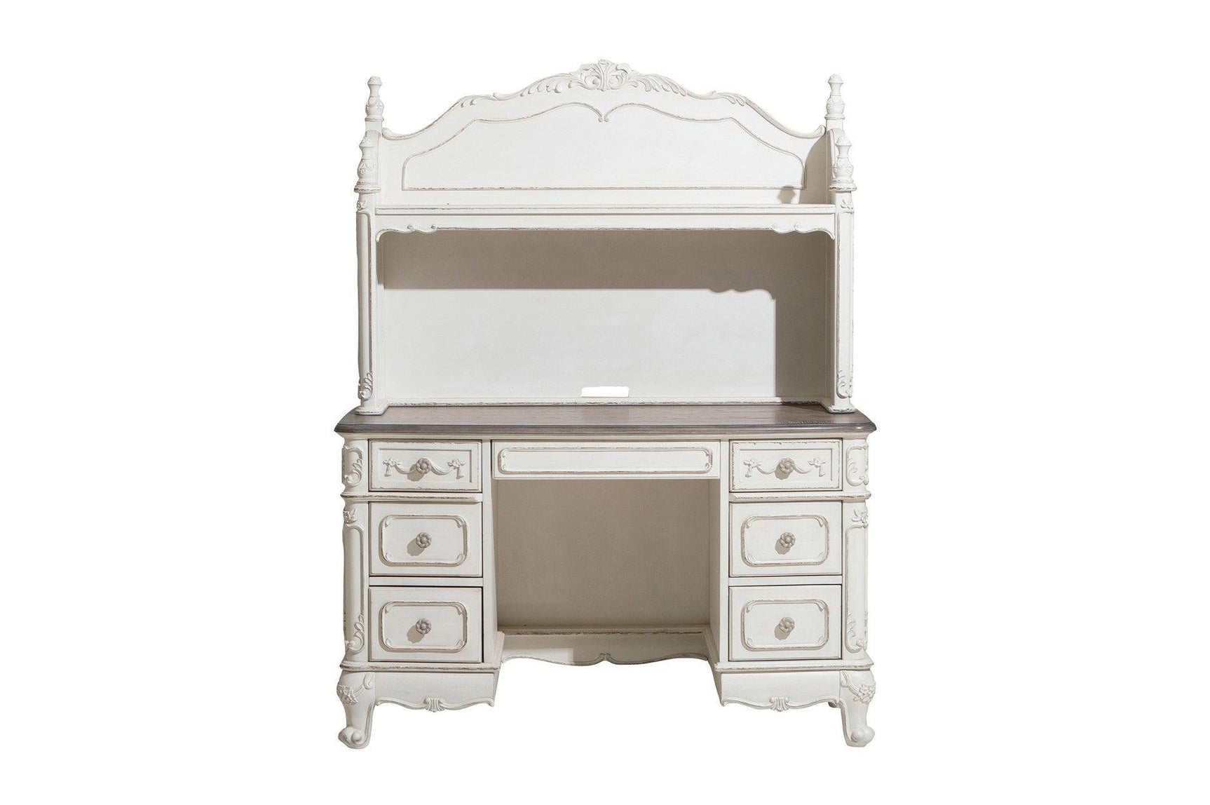 Cinderella Gray Modern Traditional Solid Wood Floral Motif Writing Desk With Hutch - Ella Furniture