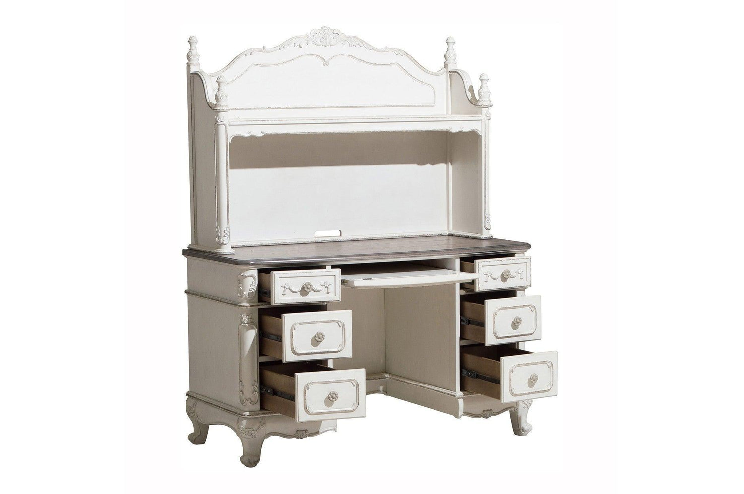 Cinderella Gray Modern Traditional Solid Wood Floral Motif Writing Desk With Hutch - Ella Furniture