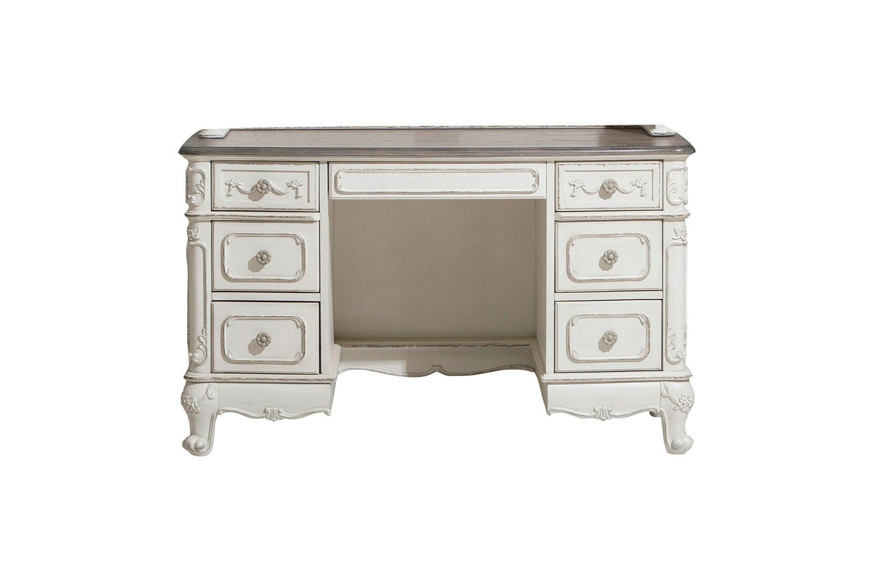 Cinderella Gray Modern Traditional Solid Wood Floral Motif Writing Desk With Hutch - Ella Furniture