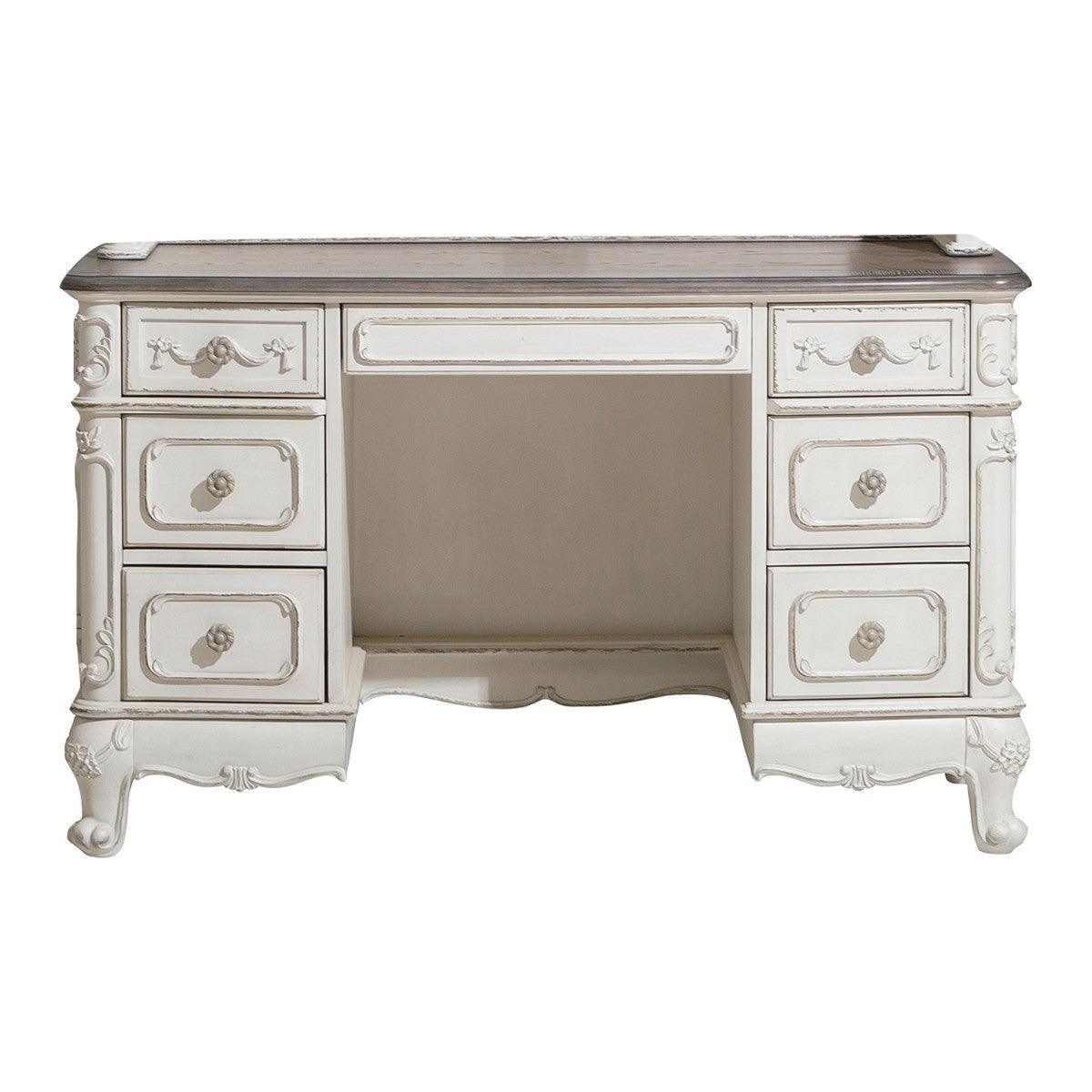 Cinderella Antique White With Gray Rub-through And Oak Engineered Wood Writing Desk - Ella Furniture