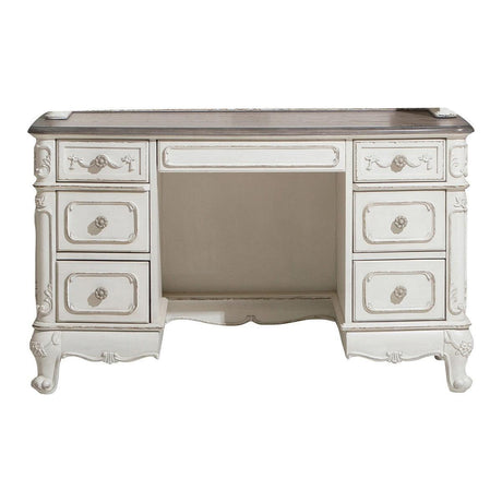 Cinderella Antique White With Gray Rub-through And Oak Engineered Wood Writing Desk - Ella Furniture
