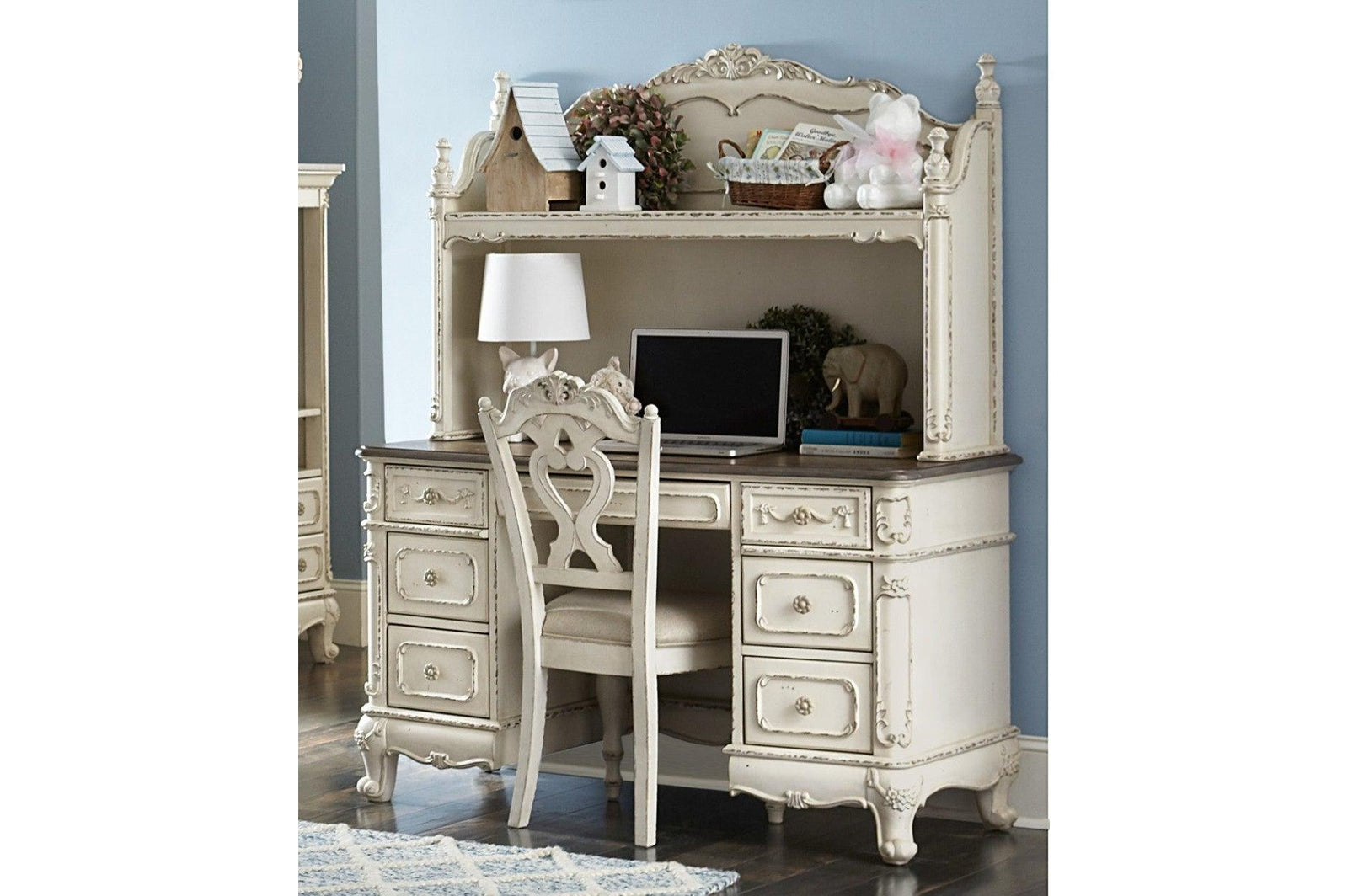 Cinderella Gray Modern Traditional Solid Wood Floral Motif Writing Desk With Hutch - Ella Furniture