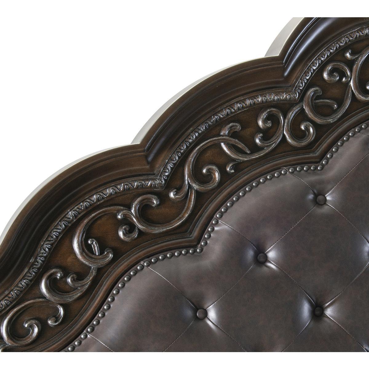 Beddington Dark Brown Primavera Veneer With Ash Burl Faux Leather Upholstered Tufted King Bed - Ella Furniture