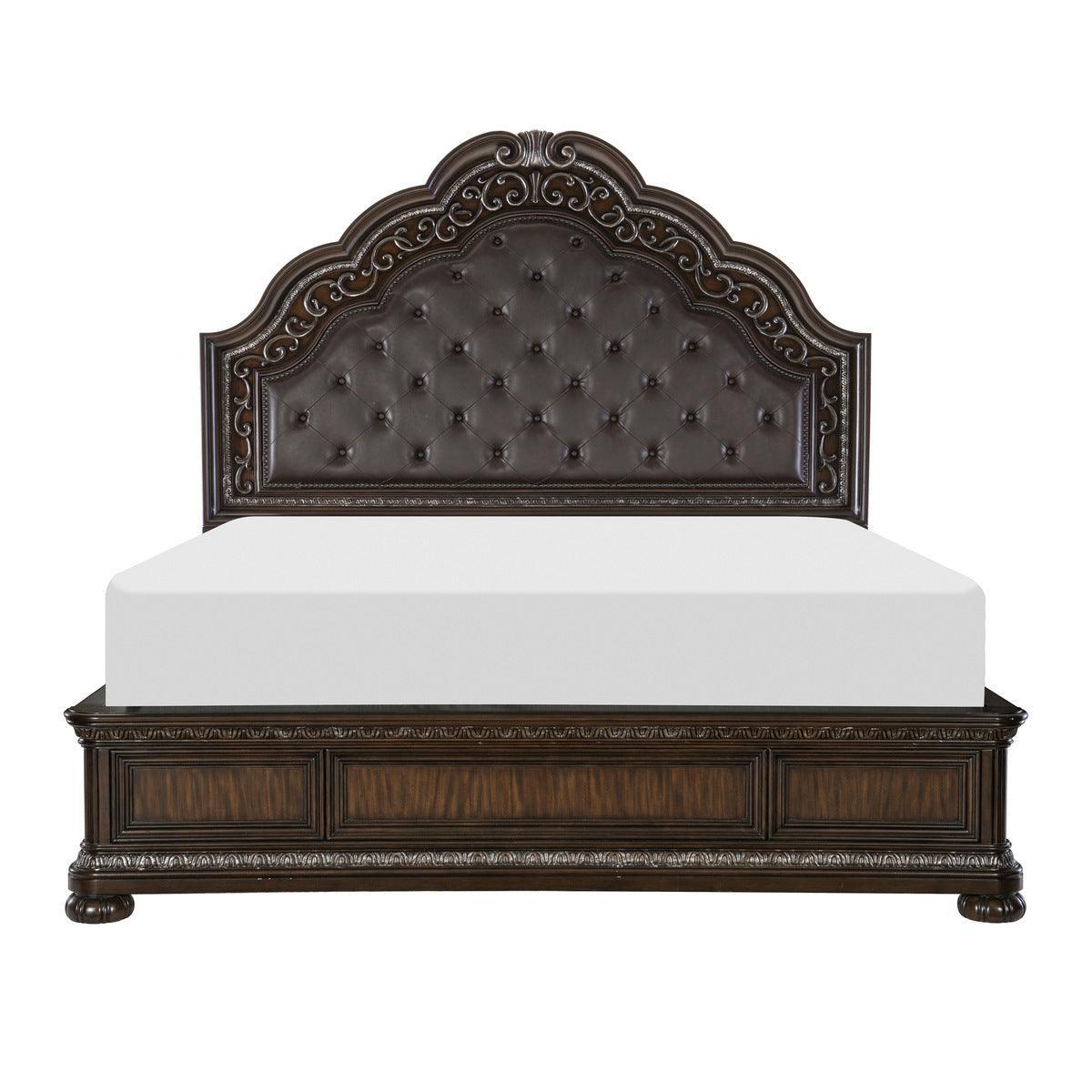 Beddington Dark Brown Primavera Veneer With Ash Burl Faux Leather Upholstered Tufted King Bed - Ella Furniture