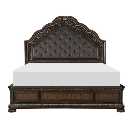 Beddington Dark Brown Primavera Veneer With Ash Burl Faux Leather Upholstered Tufted King Bed - Ella Furniture
