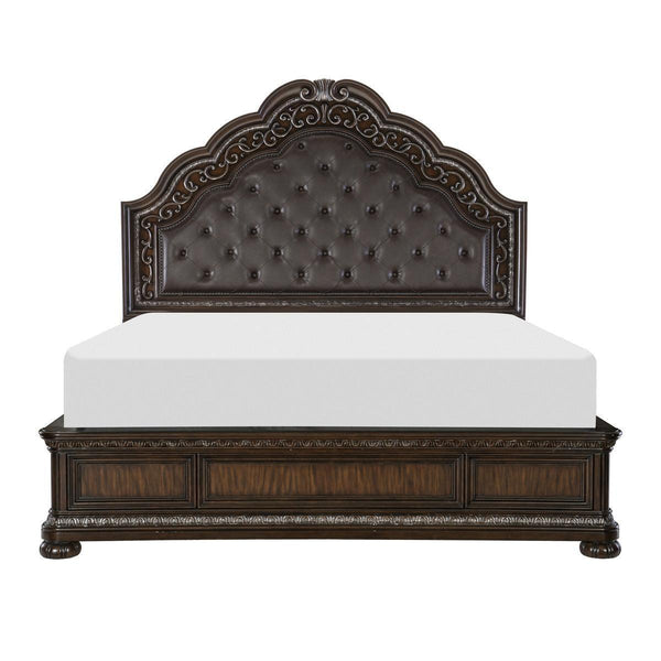 Beddington Dark Brown Primavera Veneer With Ash Burl Faux Leather Upholstered Tufted King Bed - Ella Furniture