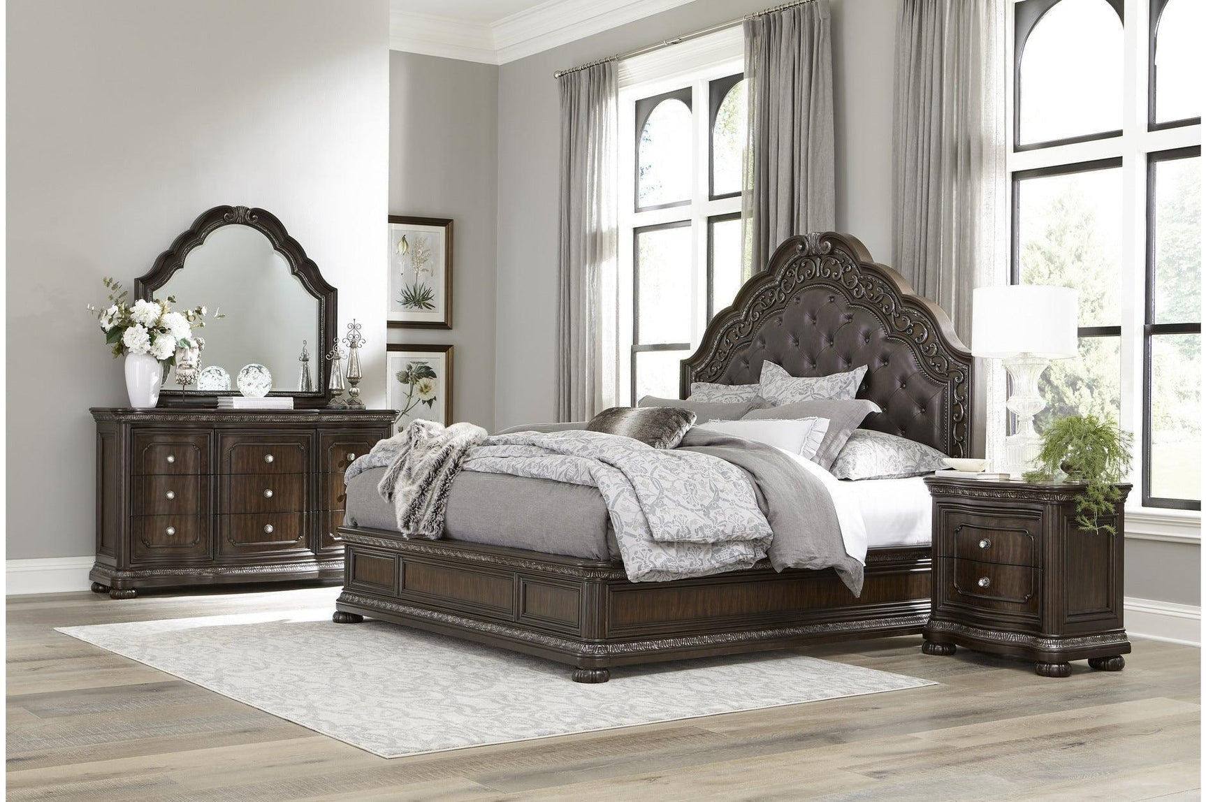 Beddington Dark Cherry Traditional Faux Leather Upholstered Tufted Sleigh Bedroom Set - Ella Furniture