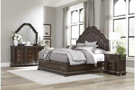 Beddington Dark Cherry Traditional Faux Leather Upholstered Tufted Sleigh Bedroom Set - Ella Furniture