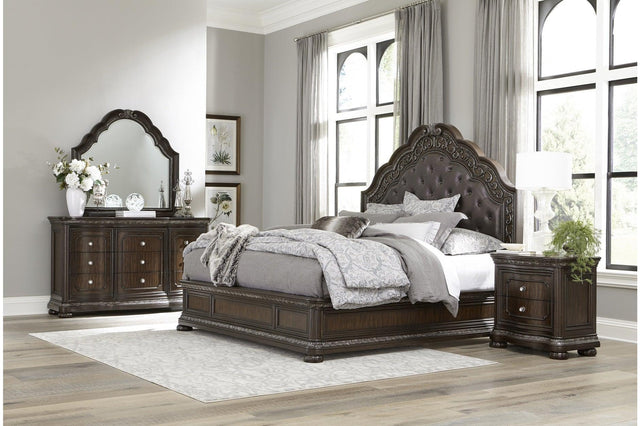 Beddington Dark Cherry Traditional Faux Leather Upholstered Tufted Sleigh Bedroom Set - Ella Furniture