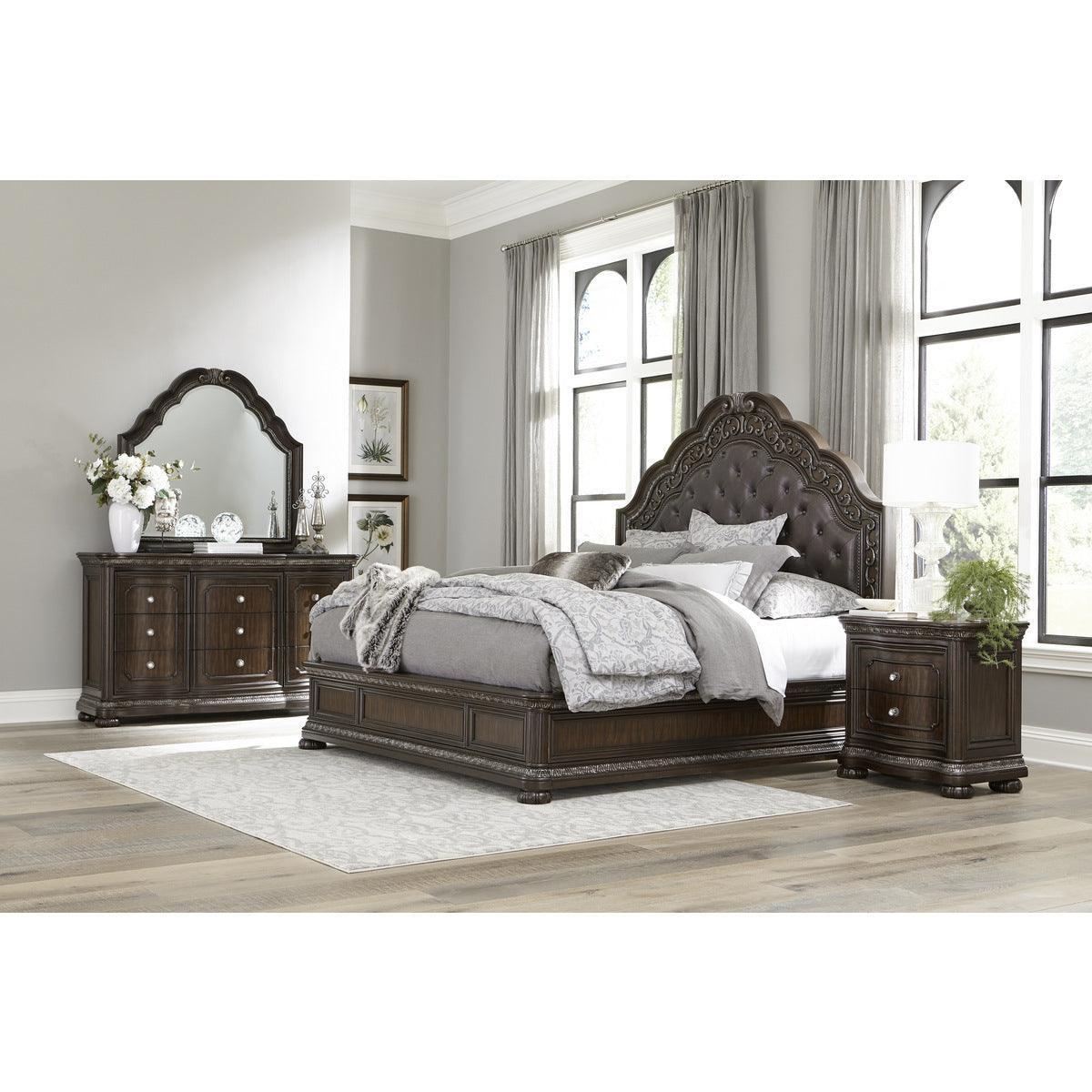 Beddington Dark Brown Primavera Veneer With Ash Burl Faux Leather Upholstered Tufted King Bed - Ella Furniture