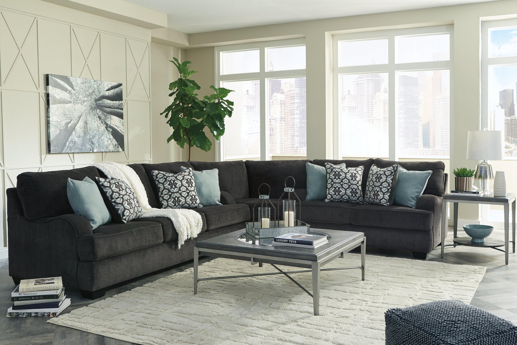 Charenton Charcoal Chenille 3-Piece Sectional - Ella Furniture