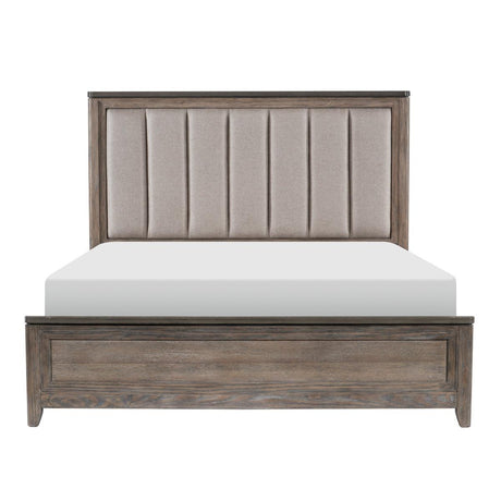 Newell Light Brown Rustic Transitional Oak Veneer Engineered Wood Fabric Upholstered King Bed - Ella Furniture