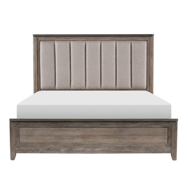Newell Light Brown Rustic Transitional Oak Veneer Engineered Wood Fabric Upholstered King Bed - Ella Furniture