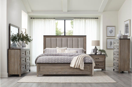 Newell Gray Twotone Contemporary Transitional Solid Wood Fabric Upholstered Panel Bedroom Set - Ella Furniture