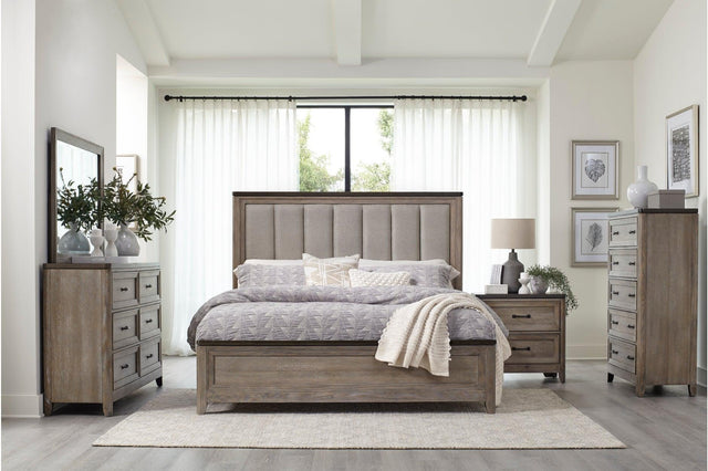 Newell Gray Twotone Contemporary Transitional Solid Wood Fabric Upholstered Panel Bedroom Set - Ella Furniture