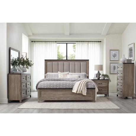 Newell Light Brown Rustic Transitional Oak Veneer Engineered Wood Fabric Upholstered King Bed - Ella Furniture