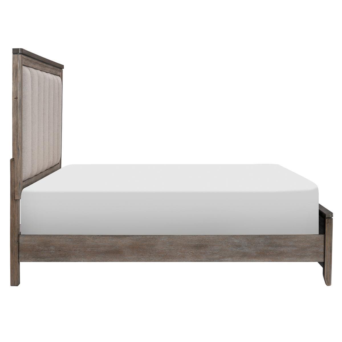 Newell Light Brown Rustic Transitional Oak Veneer Engineered Wood Fabric Upholstered King Bed - Ella Furniture