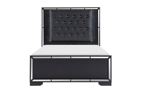 Aveline Black Contemporary Solid Wood Faux Leather LED Upholstered Tufted Panel Bedroom Set - Ella Furniture