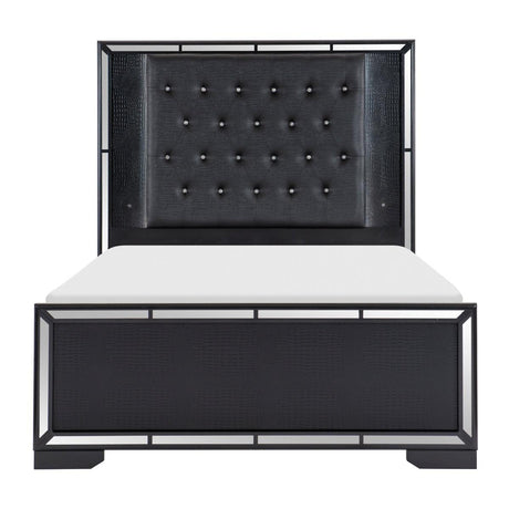 Aveline Black Faux Alligator Embossed Wood And Engineered Wood Faux Leather Upholstered Queen Bed - Ella Furniture