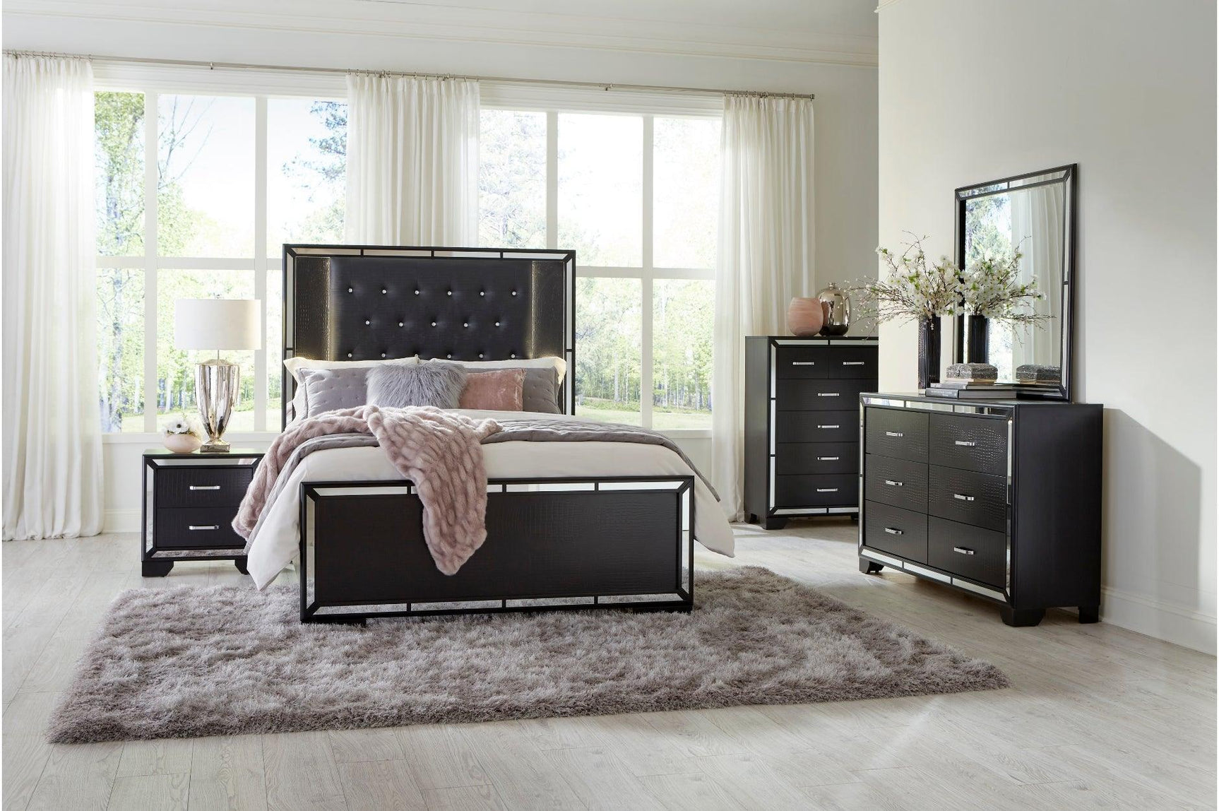 Aveline Black Contemporary Solid Wood Faux Leather LED Upholstered Tufted Panel Bedroom Set - Ella Furniture