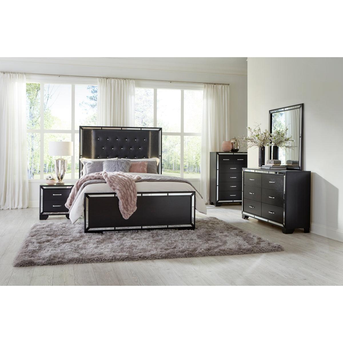 Aveline Black Faux Alligator Wood And Engineered Wood Faux Leather Upholstered Headboard King Bed - Ella Furniture