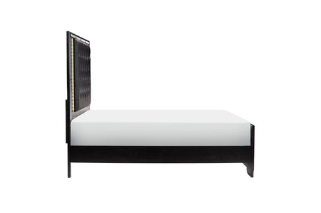 Aveline Black Contemporary Solid Wood Faux Leather LED Upholstered Tufted Panel Bedroom Set - Ella Furniture
