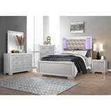 Aveline Silver Embossed Wood Engineered Wood Faux Leather Upholstered Tufted LED Queen Panel Bed - Ella Furniture