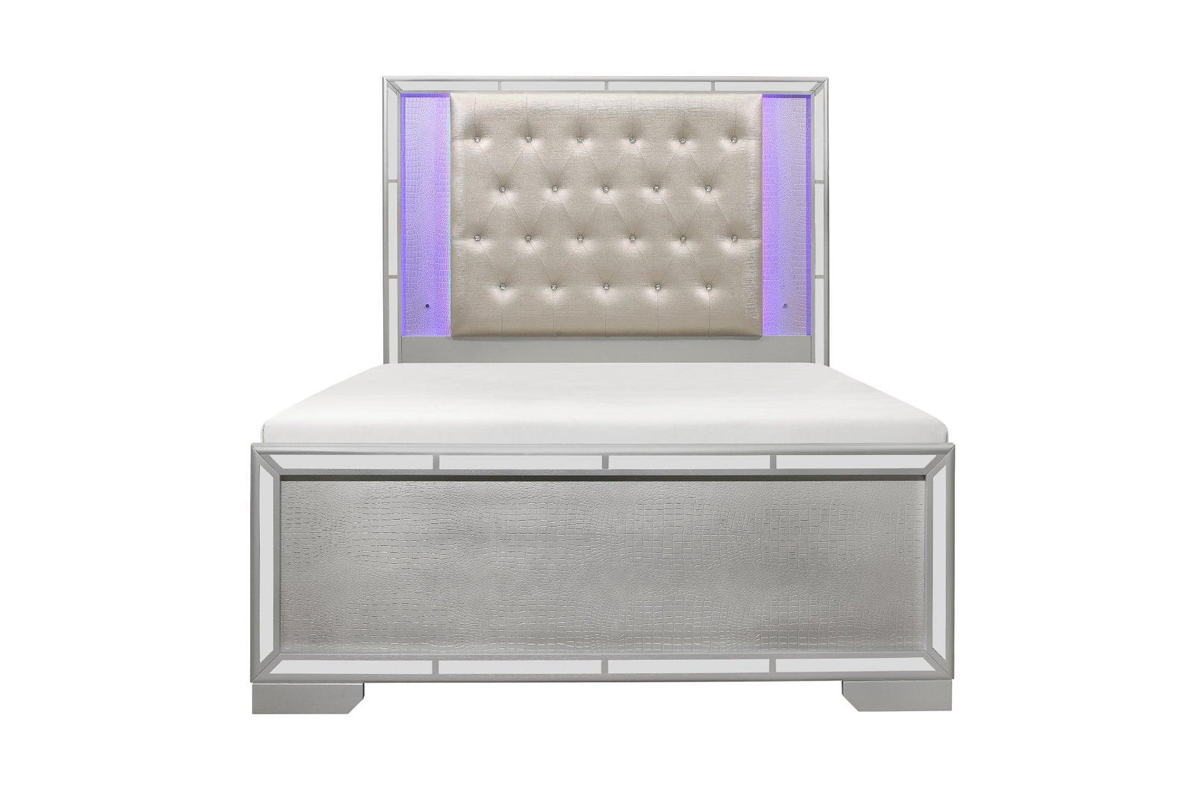 Aveline Silver Contemporary Solid Wood Faux Leather LED Upholstered Tufted Panel Bedroom Set - Ella Furniture