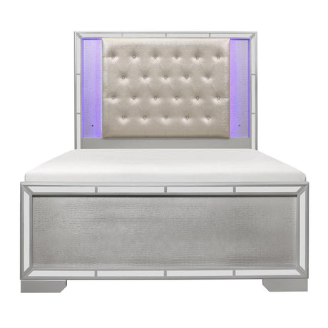 Aveline Silver Embossed Wood Engineered Wood Faux Leather Upholstered Tufted LED Queen Panel Bed - Ella Furniture