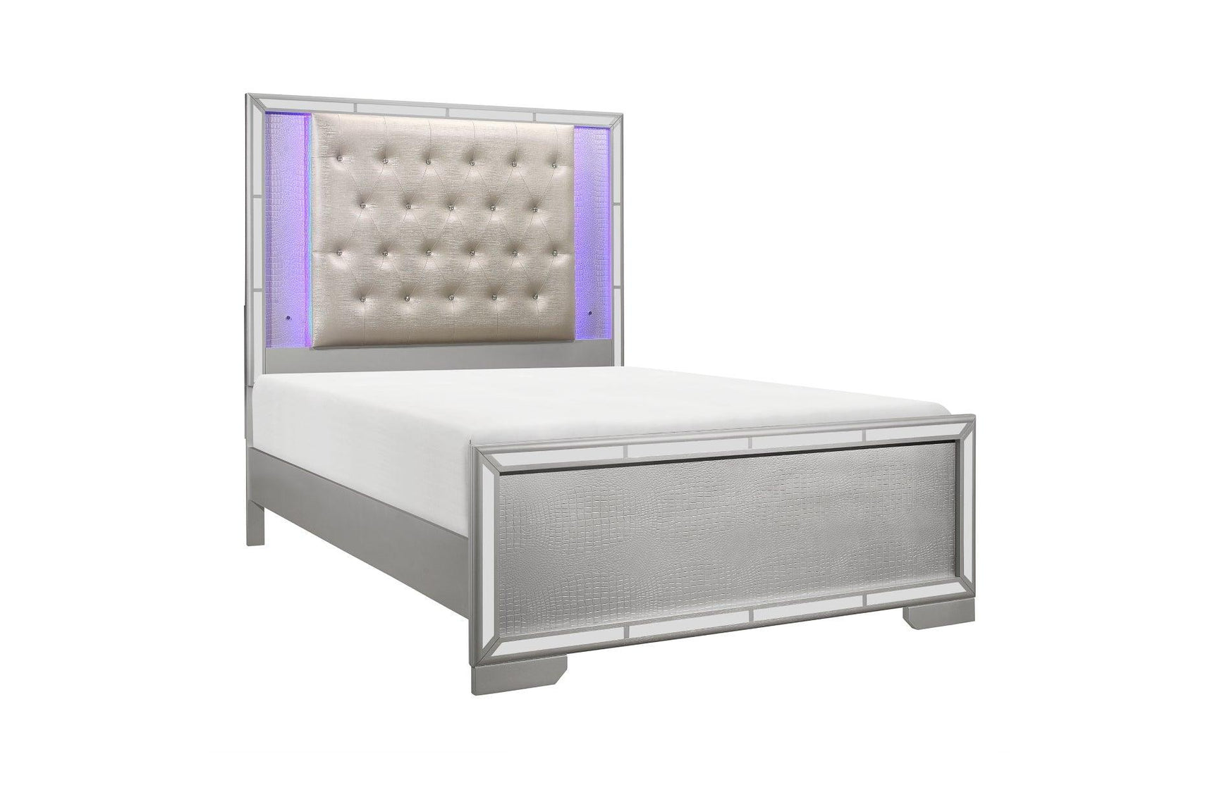 Aveline Silver Contemporary Solid Wood Faux Leather LED Upholstered Tufted Panel Bedroom Set - Ella Furniture