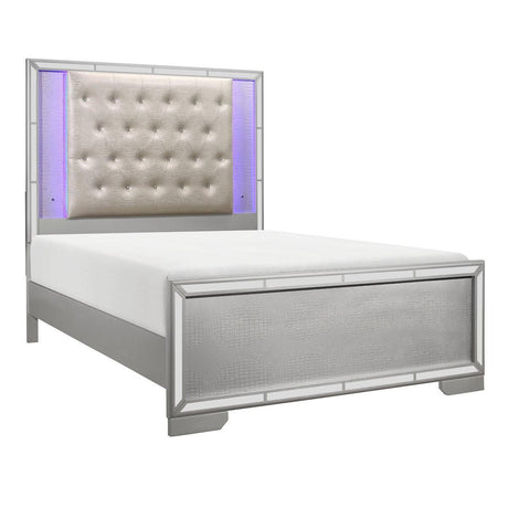 Aveline Silver Embossed Wood Engineered Wood Faux Leather Upholstered Tufted LED Queen Panel Bed - Ella Furniture