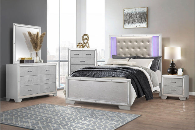 Aveline Silver Contemporary Solid Wood Faux Leather LED Upholstered Tufted Panel Bedroom Set - Ella Furniture