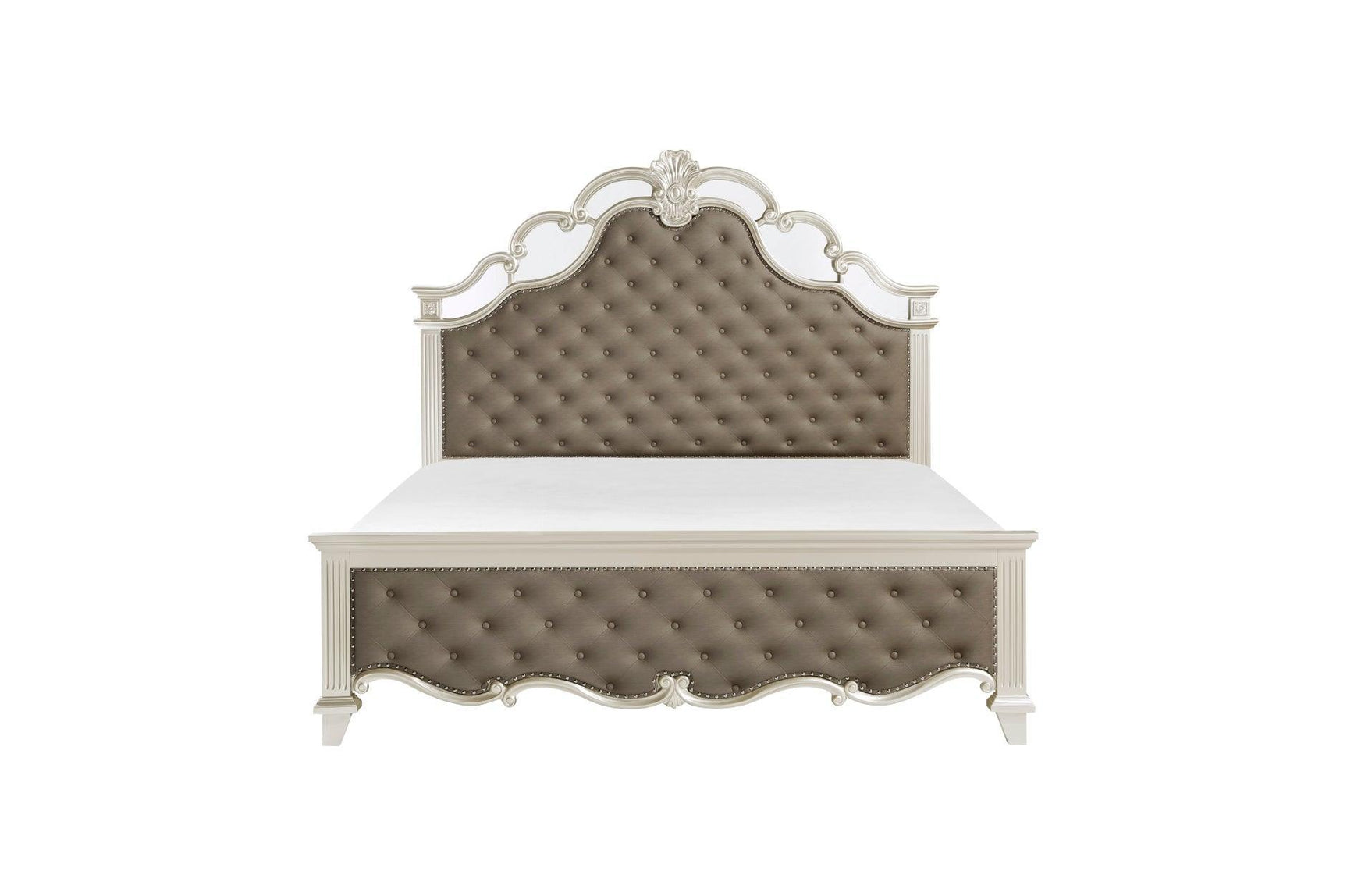 Ever Champagne Modern Contemporary Solid Wood Faux Leather Upholstered Tufted Sleigh Bedroom Set - Ella Furniture