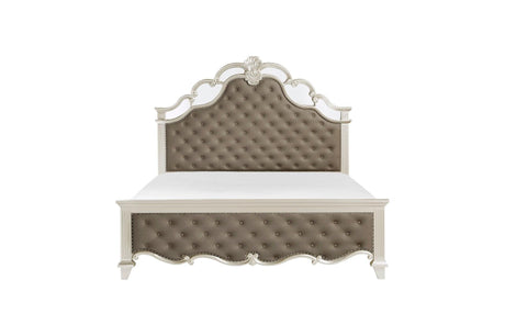 Ever Champagne Modern Contemporary Solid Wood Faux Leather Upholstered Tufted Sleigh Bedroom Set - Ella Furniture