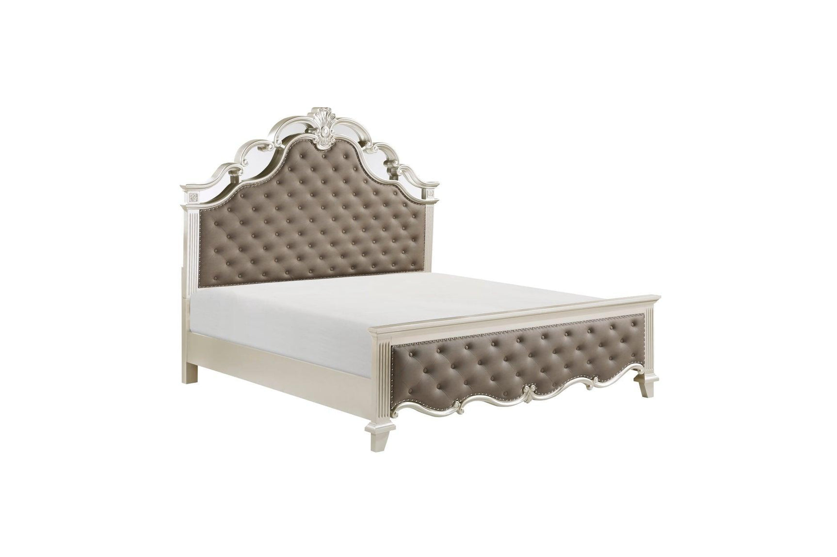 Ever Champagne Modern Contemporary Solid Wood Faux Leather Upholstered Tufted Sleigh Bedroom Set - Ella Furniture