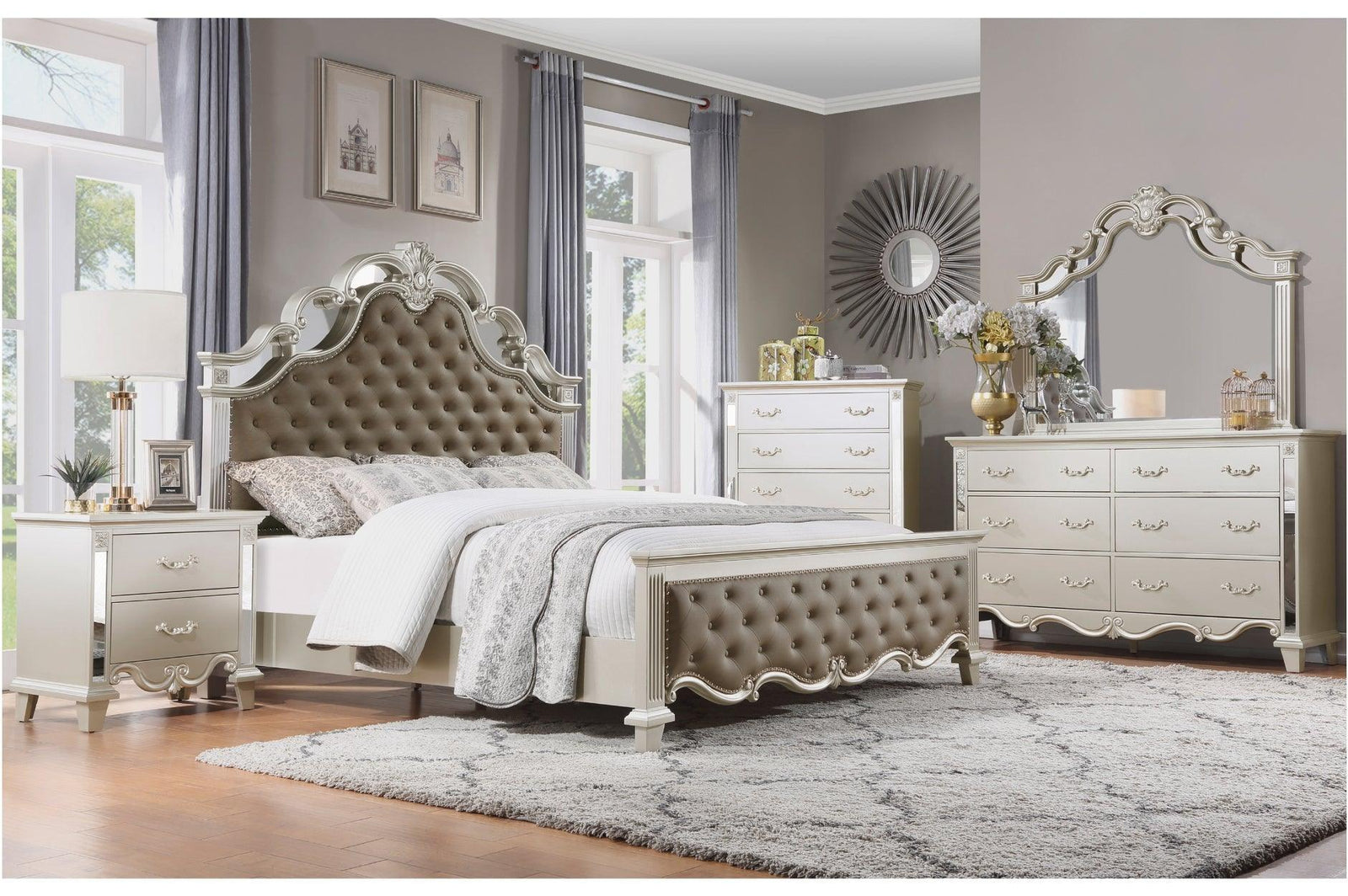 Ever Champagne Modern Contemporary Solid Wood Faux Leather Upholstered Tufted Sleigh Bedroom Set - Ella Furniture