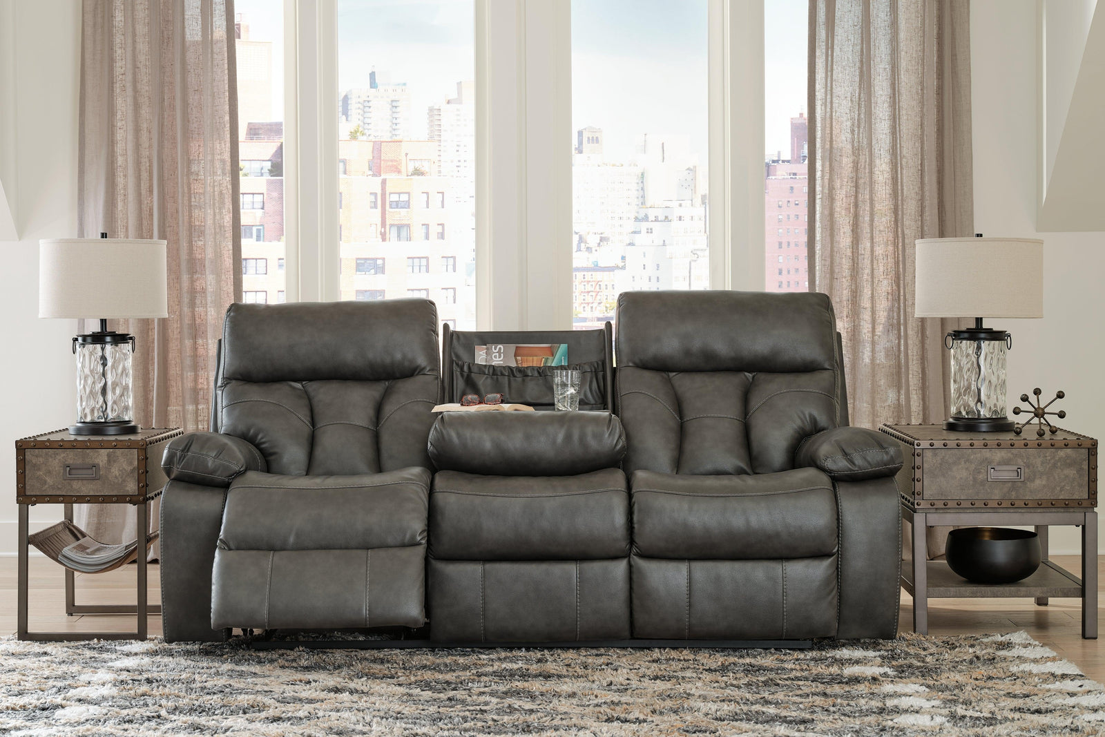 Willamen Quarry Faux Leather Reclining Sofa With Drop Down Table - Ella Furniture