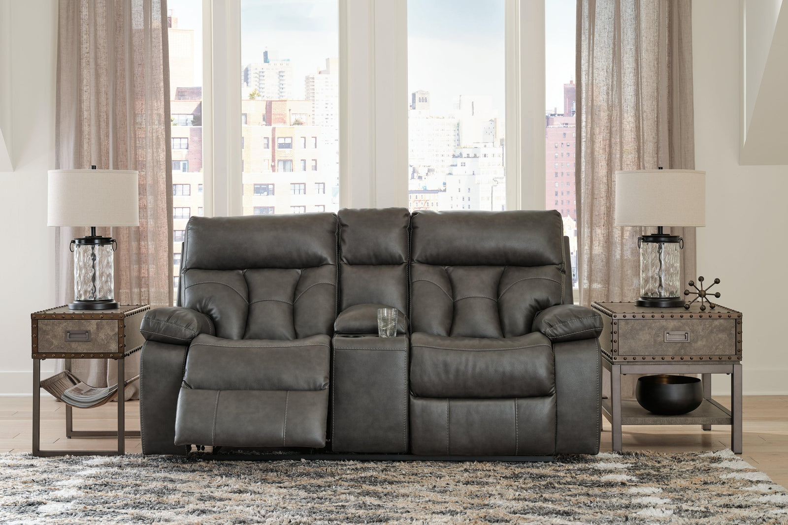 Willamen Quarry Faux Leather Reclining Loveseat With Console - Ella Furniture