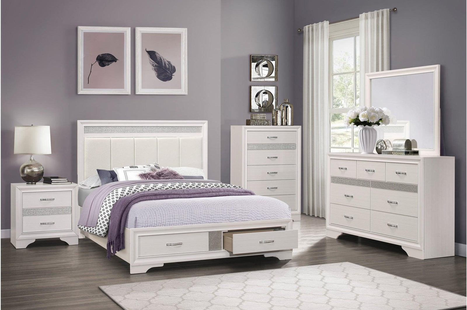 Luster White Modern Contemporary Solid Wood Faux Leather Upholstered Storage Platform Bed - Ella Furniture