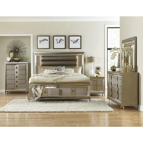 Loudon Champagne Beige Engineered Wood Metallic Faux Leather Upholstered King Storage Platform Bed - Ella Furniture