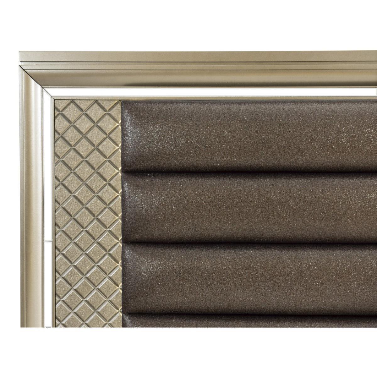 Loudon Champagne Beige Wood Metallic Faux Leather Upholstered LED Queen Storage Platform Bed - Ella Furniture